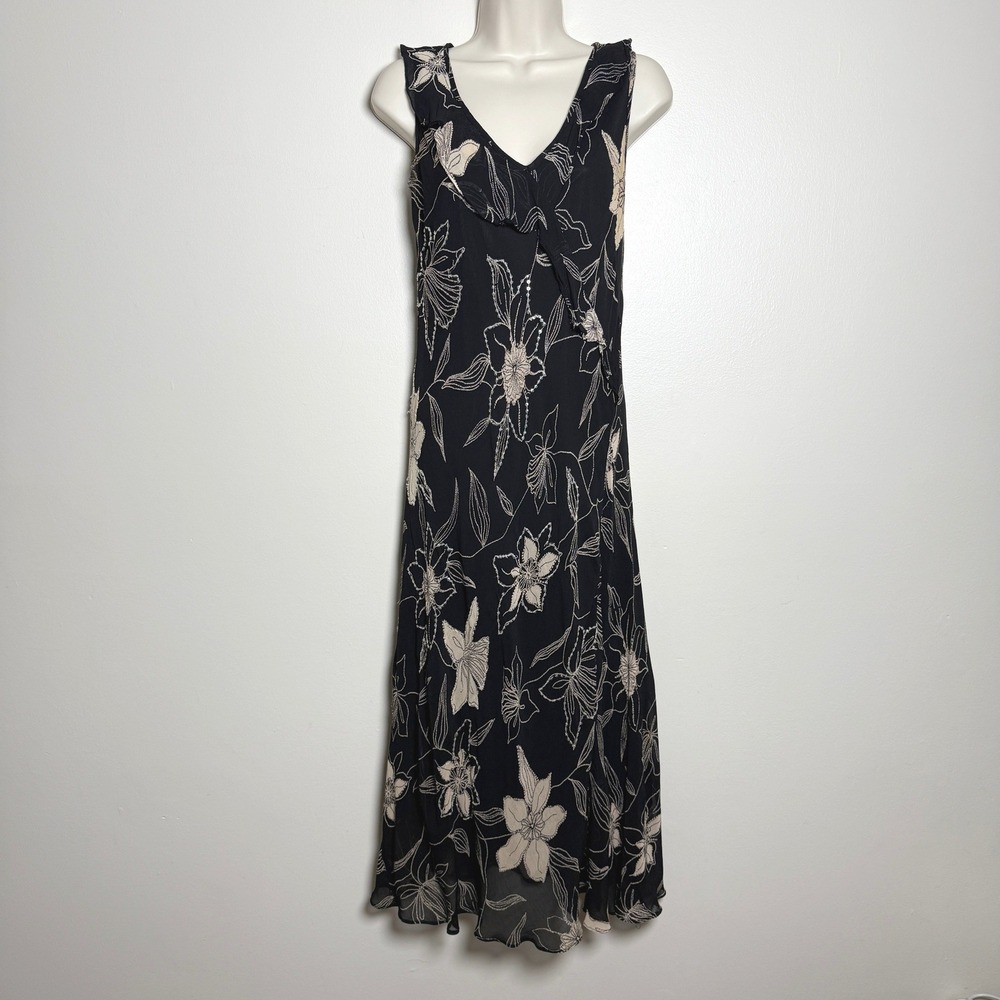 Lola P. VTG Womens Midi‎ Dress XL Black Floral Sequins Ruffle 90s Whimsygoth